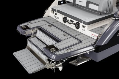 Chaparral SSX 8 swim platforms folds into water with Infinity Power Step. 