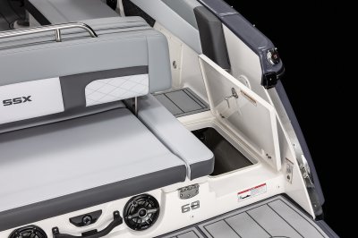 Chaparral SSX 8 floor storage built into starboard walkway. 