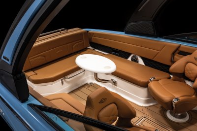 Chaparral SSX 8 fiberglass cockpit table mounted near floor with 2 cupholders 