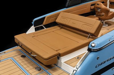 Chaparral SSX 8 aft bench folds into wide rear-facing sun lounge. 