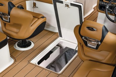 Chaparral 28 SURF in-floor storage offers plenty of space and houses the ballast bag. 