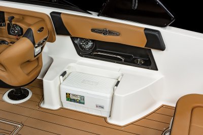 Chaparral 28 SURF carry-on cooler storage under bench cushion. 