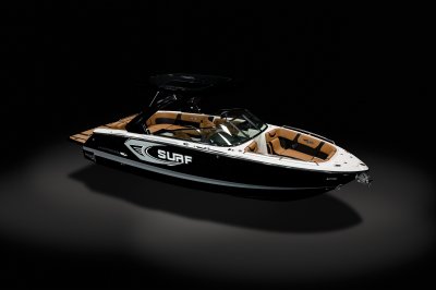 Chaparral 28 SURF front starboard overhead view on a black background. 