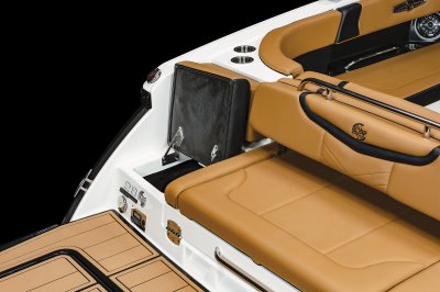 Chaparral 28 SURF lid under rear bench lifts for bilge access. 