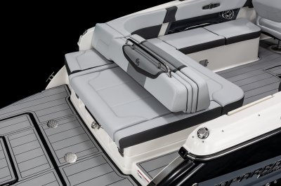 Chaparral 30 SURF cockpit back-to-back bench seat with enough room for 3 seats. 