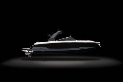 Chaparral 30 SURF starboard profile view on a black background. 