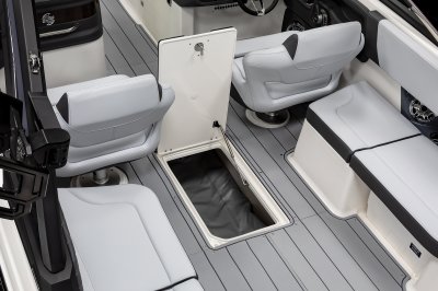 Chaparral 30 SURF in-floor storage offers plenty of space and houses the ballast bag 