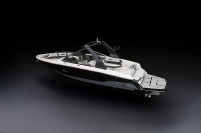 Chaparral 30 SURF rear port view on a black background 